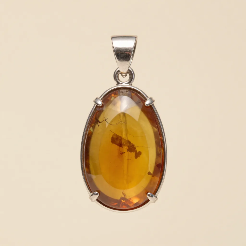 A Baltic amber pendant in a silver setting on a light background