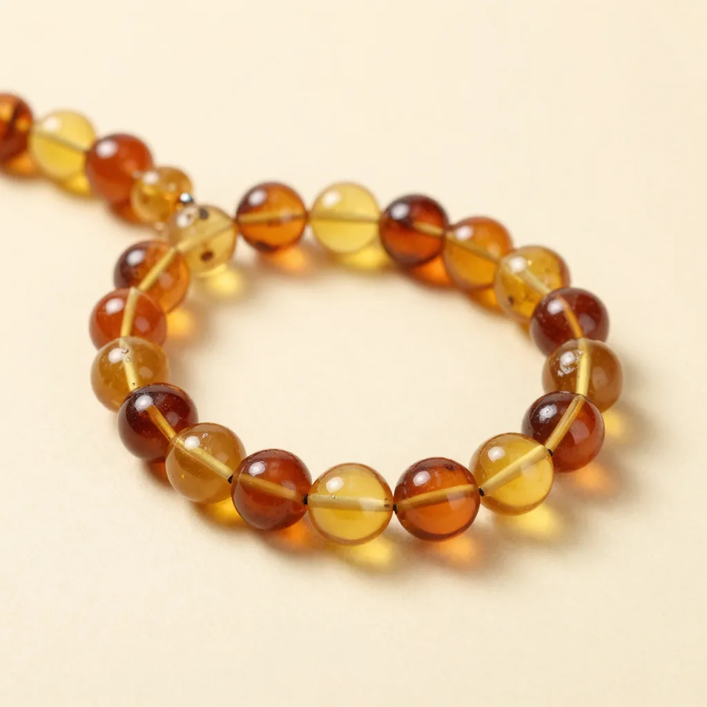 A strand of Baltic amber beads on a light background