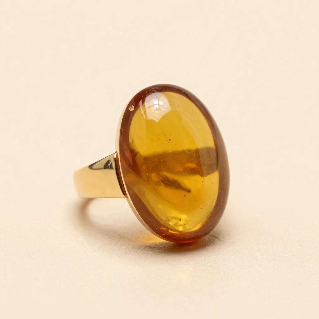 A Baltic amber ring on a light background