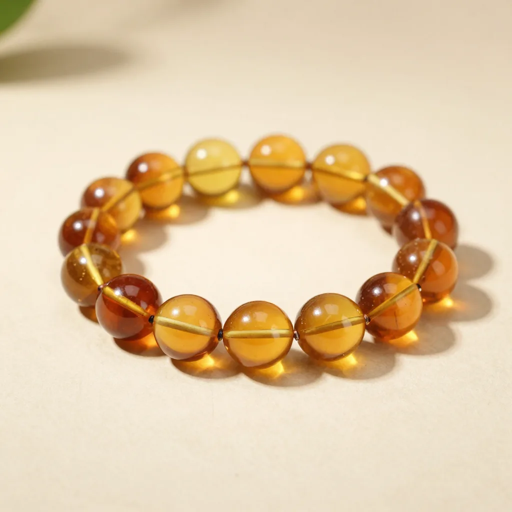 A Baltic amber bracelet on a light background