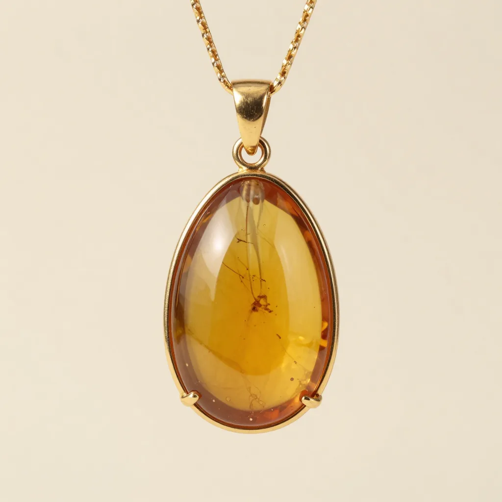A Baltic amber pendant in a gold setting on a light background