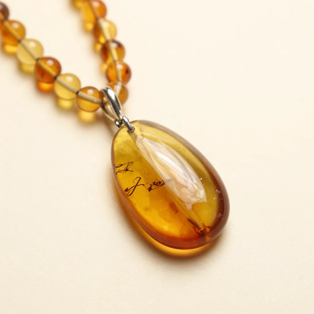 A Baltic amber pendant and beads set on a light background