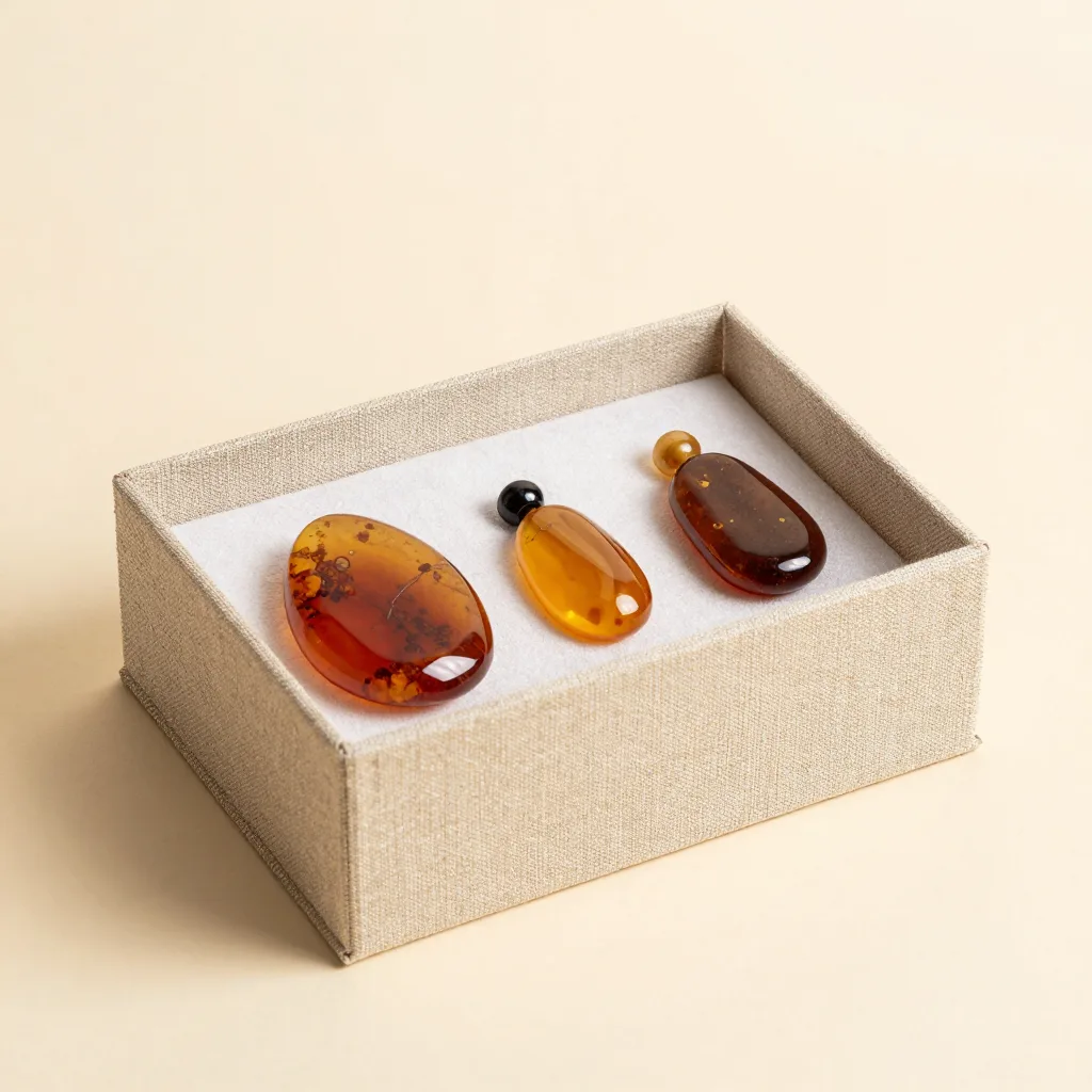 A Baltic amber gift set in a linen box on a light background